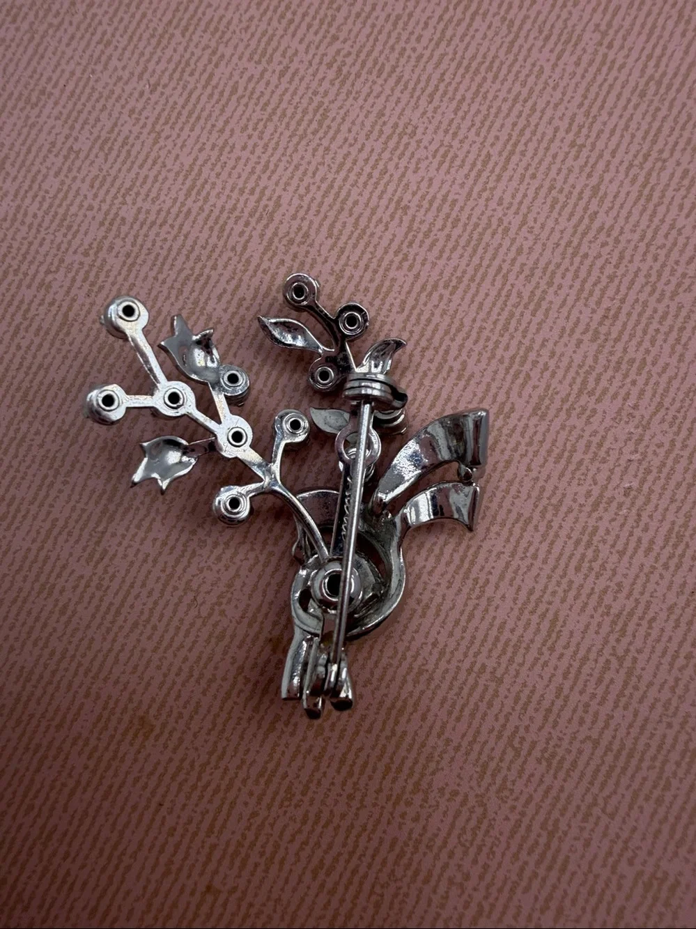 Vintage Karu‎ Rhinestone Floral Spray Brooch Silver Tone Bouquet Pin Mid Century
